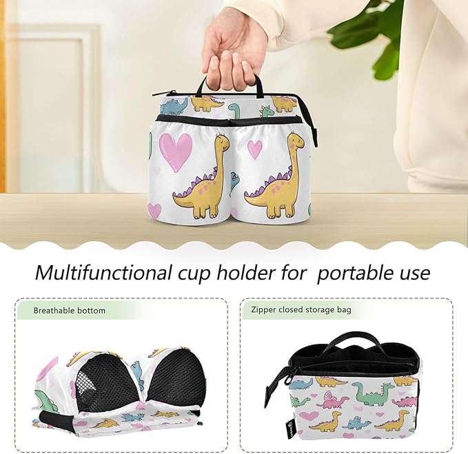 Cute Dinosaurs and Hearts Luggage Cup Holder Travel Portable Free Hand Drink Carrier Suitcase Drinks Beverage Holder Carry-On Bottle Mug Holder Organizer Bag Travelers Accessories