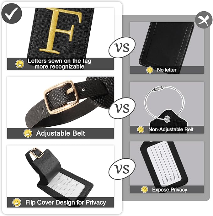 Initial Letter Luggage Tags for Suitcases, Embroidered Monogrammed Suitcase Luggage Identifier Name Tag, PU Leather TSA Approved Luggage Tags, Bag Tags for Men Women Kids Luggage Handbags(Black F)