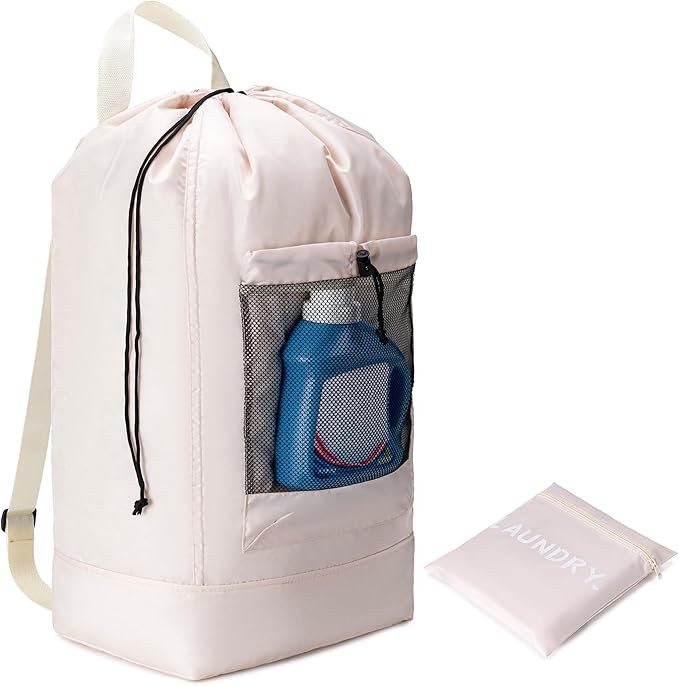 Backpack Laundry Bag,Large Travel Laundry Bags with Shoulder Straps and Mesh Pockets,Laundry Backpack with Drawstring Closure for College,Trave,Dorm, Apartment,Laundromat (Khaki)