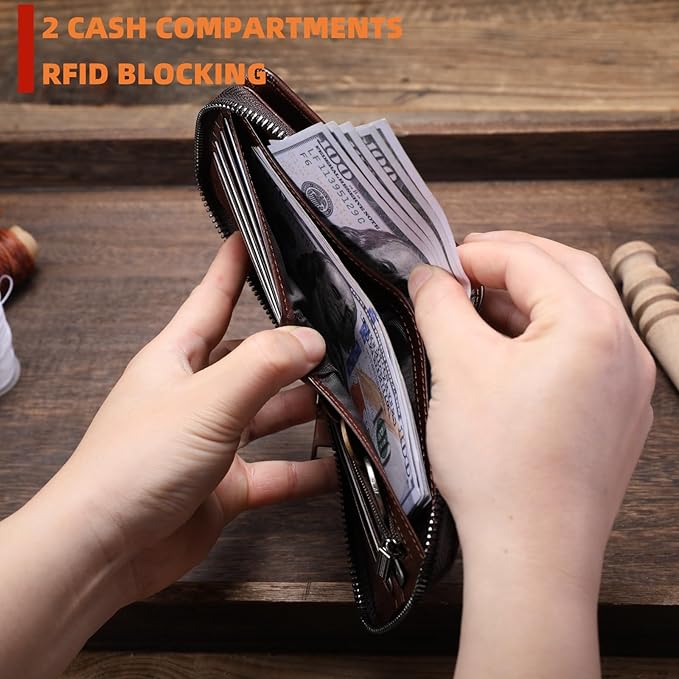 BULLCAPTAIN Genuine Leather Men's Wallet with Zipper Vintage RFID Blocking Large Capacity Wallet for Men with 14 Credit Card Slots and 1 ID Window T23 (Coffee)