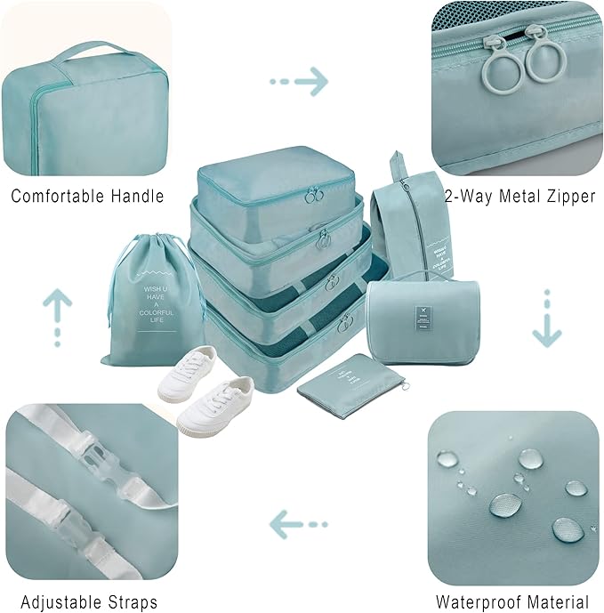 Packing Cubes, 8 Pcs Travel Packing Organizers for Suitcases, Large Capacity Travel Luggage Organizers Set includes 8 Storage Bags, (Light Blue)