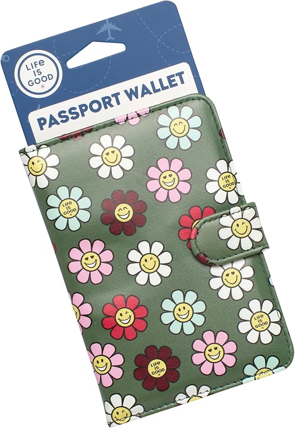 Life is Good Travel Passport Cover - Anti-Theft Passport Holder Wallet with Interior Card Slots with Magnetic Snap Closure, Happy Daisy