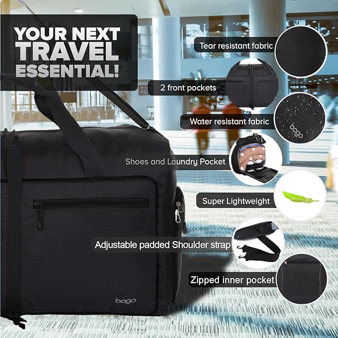 Bago Large Duffle Bag for Travel Women & Men. Durable Lightweight Foldable Travel Duffel Bags For Traveling Women. 80L Duffle Bags For Overnight Bag With Shoe Compartment Collapsible Weekender duffel