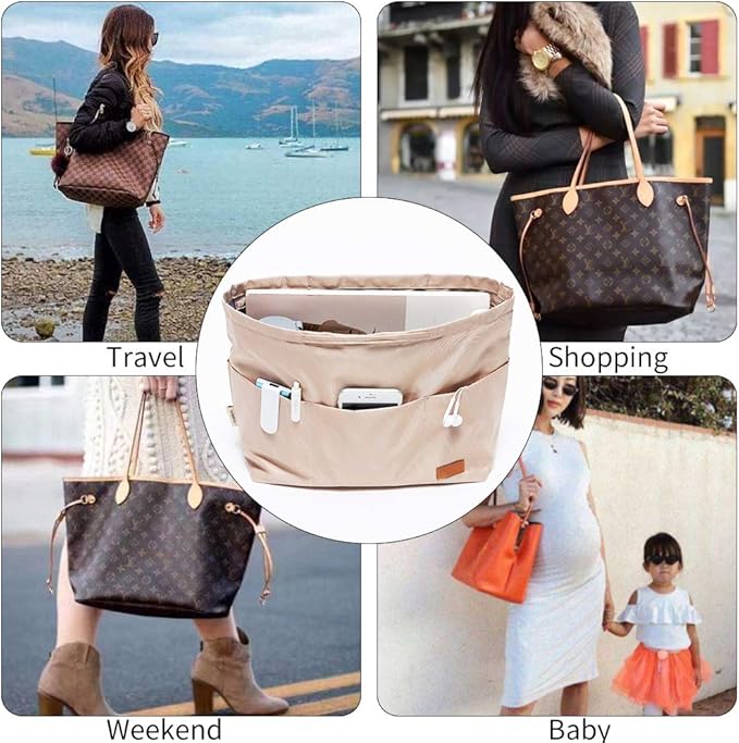 iN. Purse Organizer Insert with zipper Nylon fabric for women Handbags & Totebag beige Size: Large: 15.7"(Top)/12.2"(Bottom) L × 4.9"W × 10"H