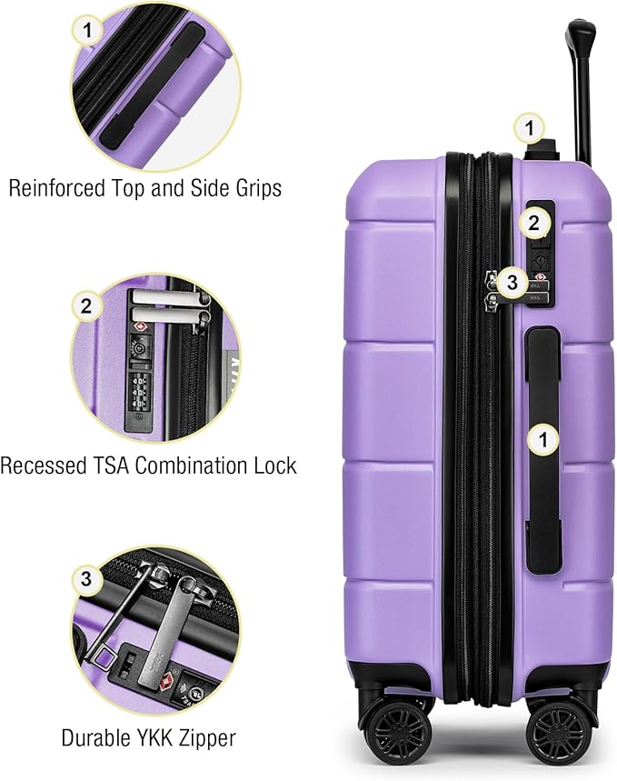 KYME Carry On Luggage 22x14x9 Airline Approved with TSA Lock Hardshell Expandable 20 Inch Suitcase Carry On Suitcase with Wheels Small Travel Rolling Luggage with Cup Holder for Women Lt Purple