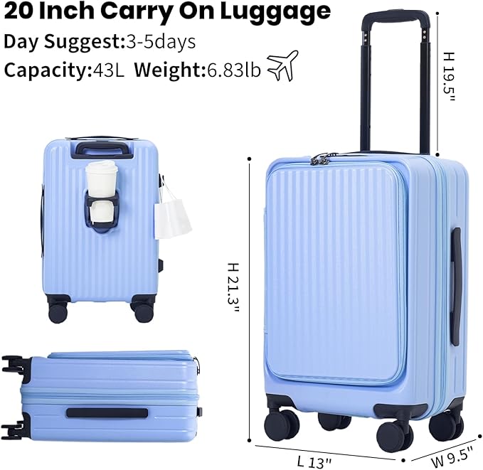 20 Inch Top Opening Carry On Luggage 22x14x9 Airline Approved Expandable With Spinner Wheels & Cup Holder,PC Hard Shell Lightweight Small Shitcase With Tsa Approved For Travel Women Men,Blue