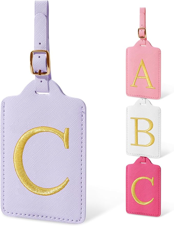 Initial Luggage Tags for Suitcases, Cute Embroidered Letter Luggage Bag Suitcase Identifier Name Baggage Tag, PU Leather Travel Luggage Tags, Bag Tags for Men Women Kids Luggage Handbags(Purple C)