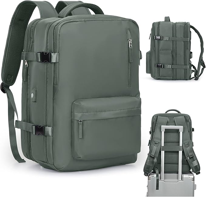 VGCUB Large Travel Backpack Bag for Women Men,Carry on Backpack,17 Inch Laptop Business Work Waterproof Backpack with Laptop Compartment,Person Item Flight Approved,Mochila de Viaje,Green Expandable