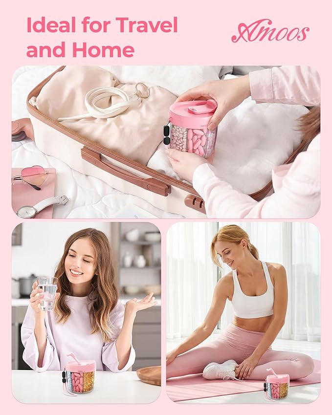 Cute Pill Dispenser with 7 Compartments, Pill Bottle Organizer with Anti-Mix Design, Portable Pill Organizer for Travel with Wide Mouth for Easy Access, BPA-Free Patented Pill Container, Pink