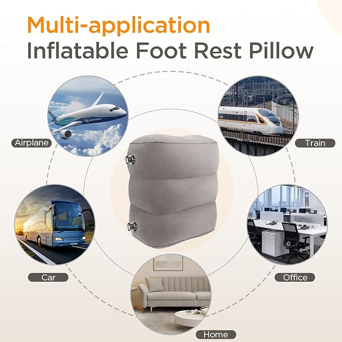 Inflatable Travel Foot Rest Pillow(2-Pack), HOMCA Adjustable Height Leg Pillow Fast Inflating Airplane Bed for Toddlers Footrest Pillow for Office, Airplane, Train, Cars, Home (Grey)