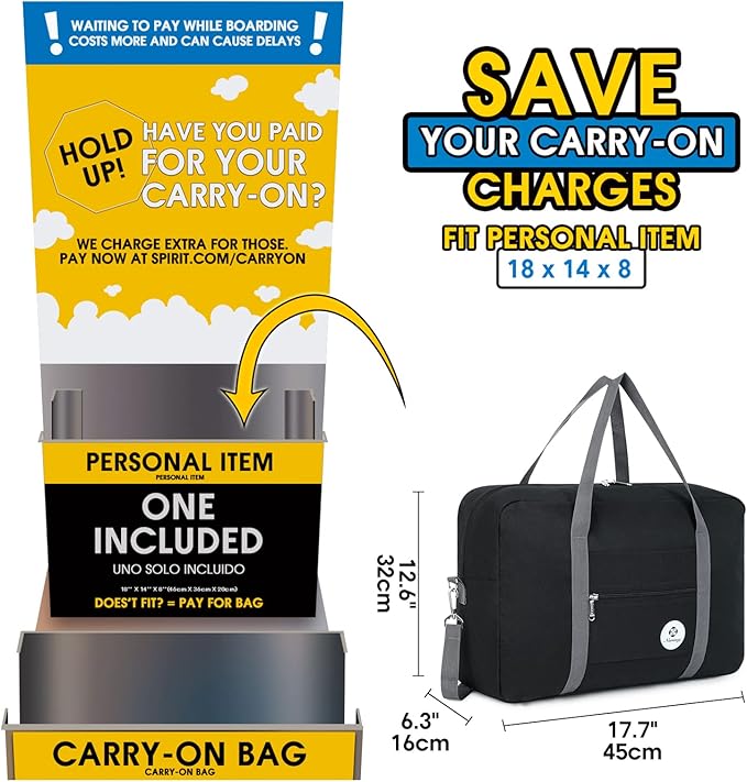 For Spirit Airlines Personal Item Bag 18x14x8 Foldable Travel Duffel Bag Tote Carry on Luggage Duffle Overnight for Women and Men