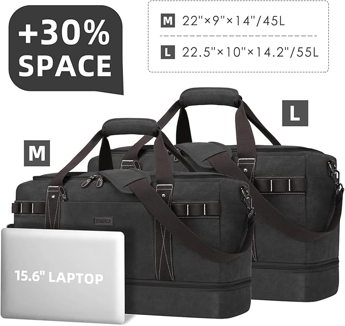 ZOMFELT Travel Duffle Bag for Men, 55L Waterproof Canvas Overnight Duffel Bag with Removable Dividers & Shoe Compartment, Carry On Weekender Gym bag, Multi-Pocket & Vintage Design (Washed Black)