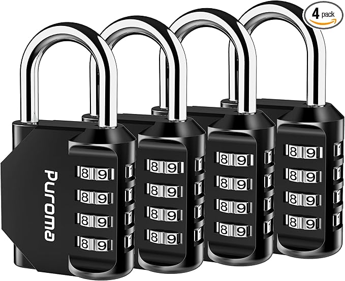 Puroma 4 Pack Combination Lock for Locker 4 Digit Outdoor Waterproof Padlock for School, Gym, Sports, Fence, Toolbox, Gate, Case, Outdoor, Hasp Storage, Cabinets (Black)