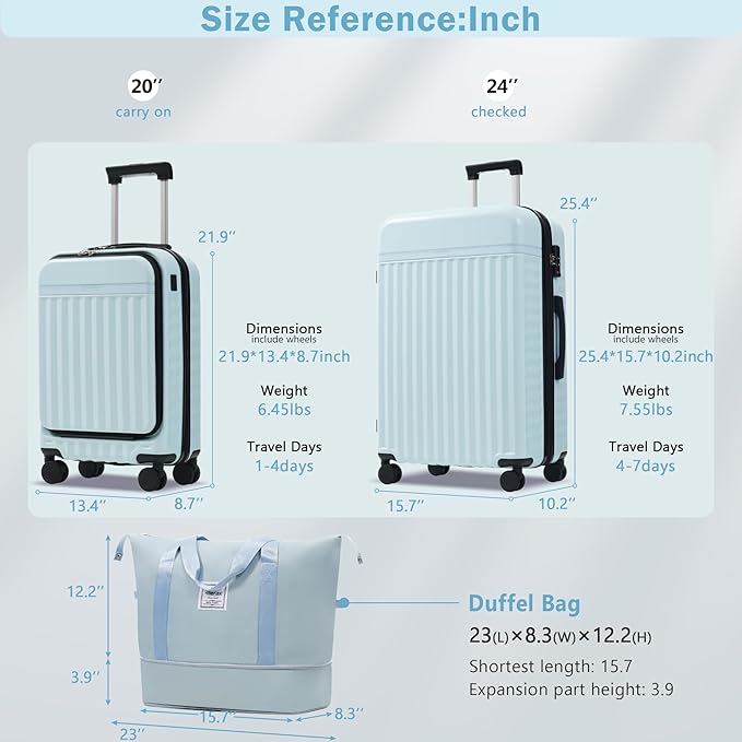 Merax Luggage Sets 3 Piece,Front Open Hardshell Expandable Suitcase with Spinner Wheels and Duffel Bags,Lightweight Carry on Luggage with USB Port,20/24IN,Light Blue