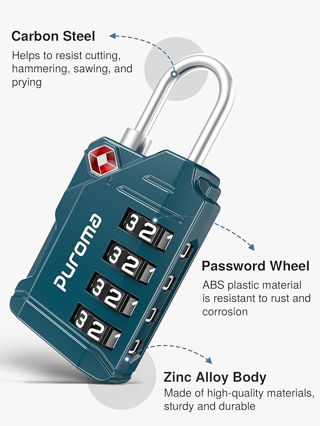 Puroma TSA Approved Luggage Locks, 2 Pack 4 Digit Resettable Travel Combination Code Lock with Zinc Alloy Body for Suitcase, Backpack, Laptop Bag, Gym Locker, Toolbox (Peacock Blue)