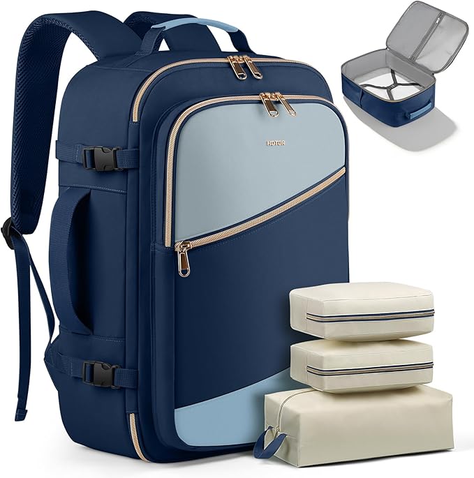 HOTOR Travel Backpack for Women – TSA-Friendly Travel Bag with Multiple Compartments & 3 Packing Cubes, Water-Resistant & Comfortable, Perfect for Travel Essentials, Blue, 17.3" x 13.0" x 7.9"