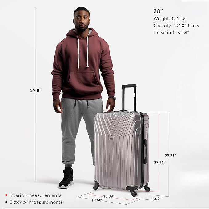 InUSA VASTY Luggage with Spinner Wheels | Durable Lightweight Hardside Suitcase, Travel Bag with Handle and Trolley, 28-Inch Large Checked Luggage | Grey