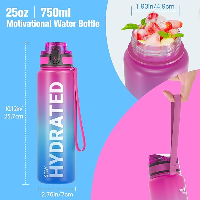 Sahara Sailor Water Bottle, 32/25/17oz Durable and Leakproof Water Bottles Motivational with Time Marker, Tritan, BPA Free, Wide Mouth with Easy Clean Brush for Gym, Travel, School, Office (1 Bottle)