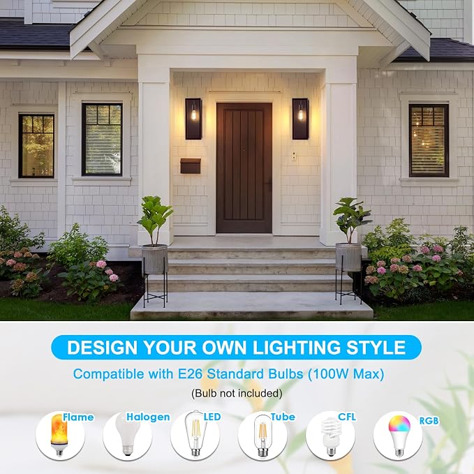 2-Pack Outdoor Wall Lanterns, 16” Exterior Waterproof Outdoor Light, Brown | Porch Lights Wall Mounted with Glass Shades, Anti-Rust E26 Modern Lighting Fixtures for Patio Garage Entryway Front Door