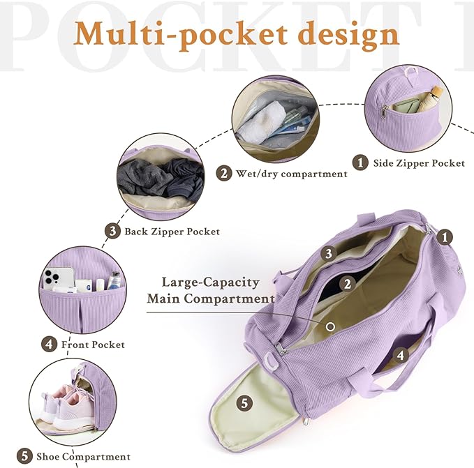 2PCS Cute Gym Bag for Girls, Corduroy Duffle Bag with Wet Pocket & Shoe Compartment and item bag, Duffle Bag for Travel, Sports, Fitness & Workout