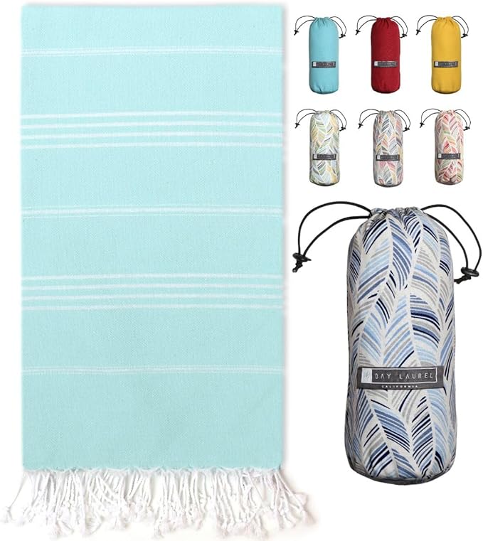 BAY LAUREL Turkish Beach Towel with Travel Bag 39 x 71 Quick Dry Sand Free Lightweight Large Oversized Towels Light - (Aqua with Blue Floral Bag)