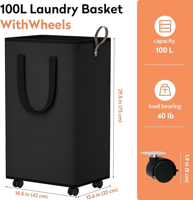 Laundry Basket with Wheels, Collapsible Laundry Baskets, Laundry Hamper with Handles Detachable Wheels, Rolling Laundry Basket, Dirty Clothes Hamper for Bathroom, Dorm, Bedroom, Black, 100L