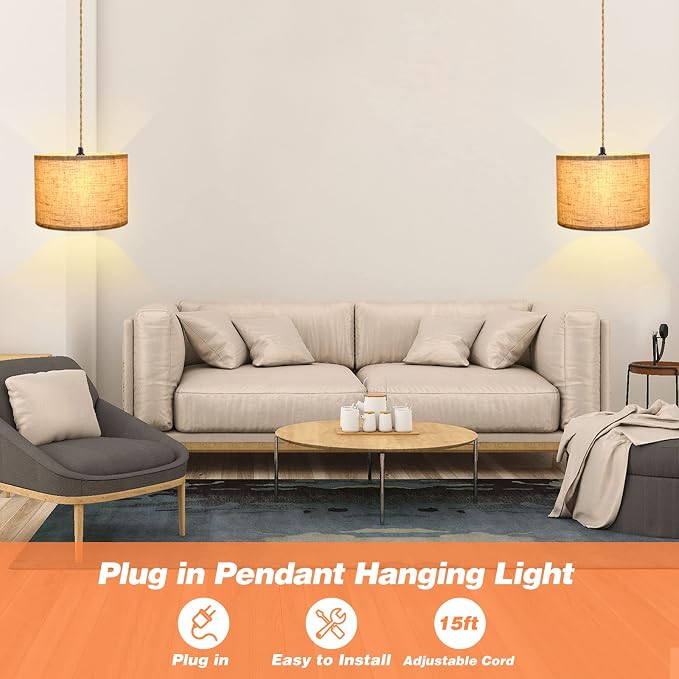 KUAUGST Plug in Pendant Light, Hanging Lights with Plug in Cord, Hanging Lamp with 15ft Hemp Rope, On/Off Switch, Beige Linen Shade, Light Fixture for Bedroom, Living Room, Dining Table 2 Pack