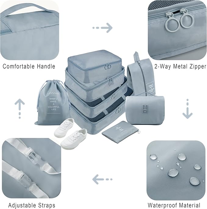 Packing Cubes, 8 Pcs Travel Packing Organizers for Suitcases, Large Capacity Travel Luggage Organizers Set includes 8 Storage Bags for Women or Men (Grey)