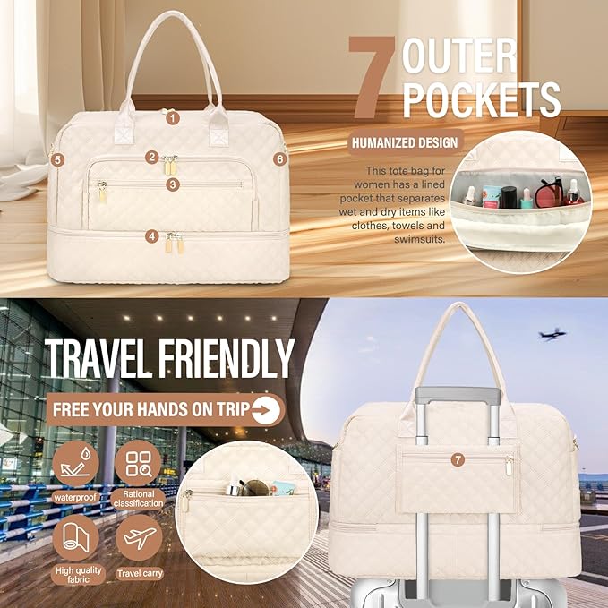 Large Travel Duffle Bag for Women,Carry on Overnight Bag Weekender Bags with Toiletry Bag Travel Bags for women with Shoe Compartment for Gym Business Trips Sport Hospital(Beige)