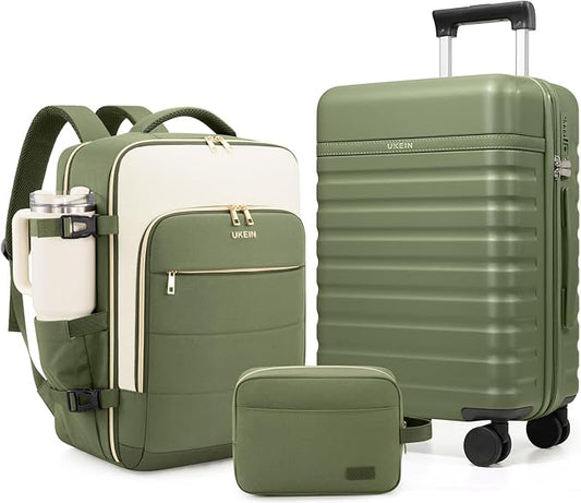 Luggage Sets 3 Piece, Carry On Luggage 20In With Spinner Wheels,PC Hardside Suitcase Set with TSA Lock,Durable Carry On Suitcase With Travel Backpack for Men (Military Green, 3 piece set (BP/20inch))