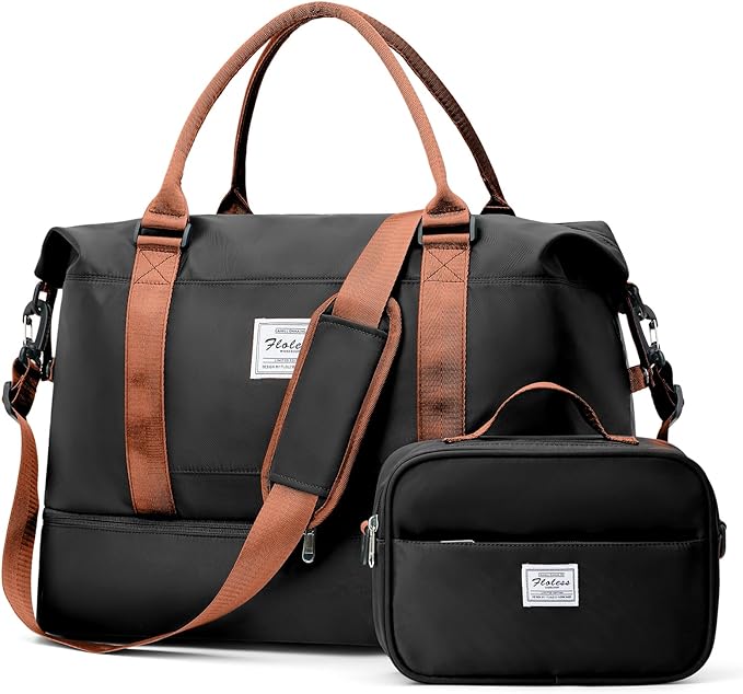 Weekender Bags for Women, Travel Duffel Bags with Shoe Compartment,Personal Item Travel Bag for Airlines, Carry on Overnight Tote Bag for Women with Toiletry Bag，Black&Brown
