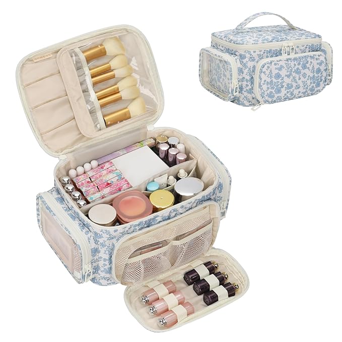 Makeup Bag with Multi-Pockets,Travel Cosmetic Bag with 2 Transparent Side Pockets for Easy Small Item Finding, Enlarged Internal Compartments, Large Capacity Waterproof Bottom Makeup Organizer -Floral
