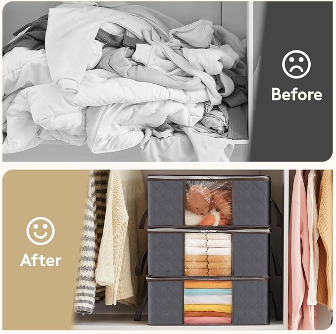 Lifewit 4 Pack 35L Clothes Storage Bins with Lids, Foldable Blanket Storage Bags with Zippers, Clear Window and Reinforced Handles, Closet and Organization for Clothing, Sweater, Comforter, Bedding