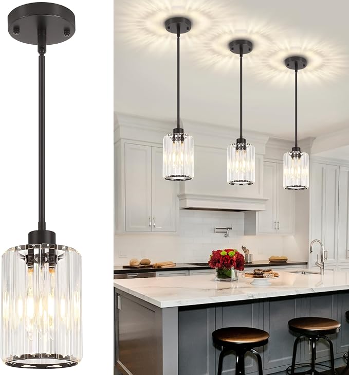 3 Pack Black Pendant Lights Kitchen Island Crystal Hanging Lighting Fixture | Adjustable Height Modern Pendant Light for Bathroom Dining Room Over Island Sink Entryway Hallway Ceiling Light