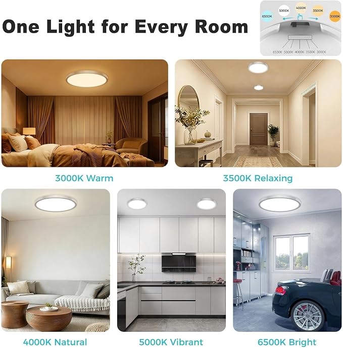 libtit 15inch LED Flush Mount Ceiling Light, Dimmable & 5Color Temperatures (3000K-6500K), 30W Round Slim Brushed Nickel Light Fixture for Bedroom Livingroom Garage Kitchen