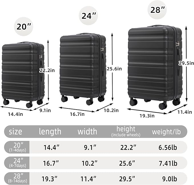 Luggages 3 Piece ABS Hardside Luggage Sets Spinner Wheels Suitcase