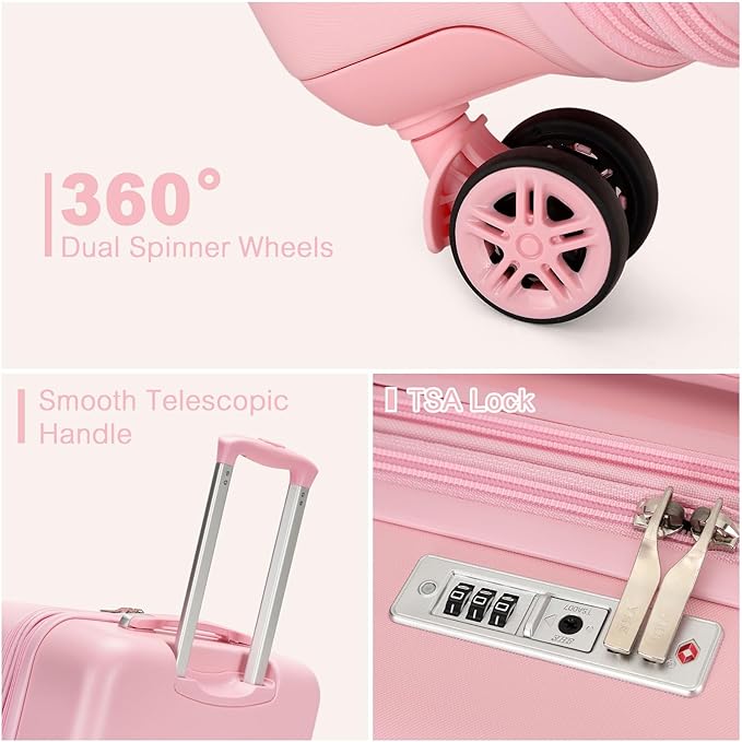 Kono Airline Approved Carry On Luggage, 22x14x9 inches, with TSA Lock, 20 Inch Expandable Lightweight Hardshell Suitcase (Pink, Suitable for 1-3 Days of Travel)