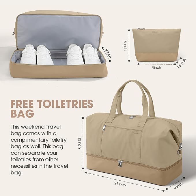 Oeihuivt Weekender Bags for Women - 21 Inch Large Travel Duffel Bag 2-Piece Set with Shoe Compartment, Heavy-Duty Canvas Leather Carry On Overnight Tote