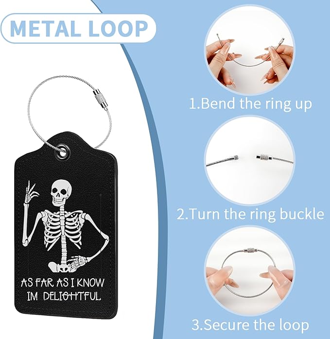 2 Pcs Luggage Tag for Suitcases, Funny Skull Skeleton PU Leather Suitcase Tag Privacy Cover ID Label with Metal Loop, Personalized Baggage Identifier for Women Cruise Bag Travel Essentials