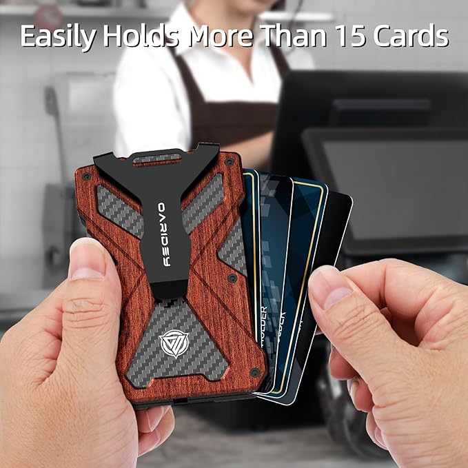 Minimalist Wallet for Men- Slim Aluminum Metal Money Clip Wallet with Clear ID Card Holder, Carbon Fiber Wallet, RFID Blocking,Holds up 15 Cards with Cash Clip,Ultra-Thin Tactical Wallet - Rosewood