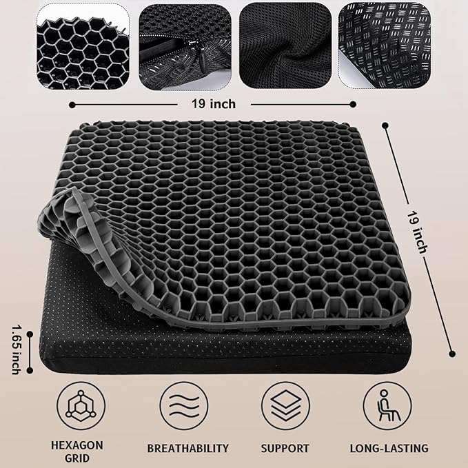 Gel Seat Cushion, Super Large (19x18x1.6inch) Gel Cushion Chair Pads with Non-Slip Cover for Home Office Car Seat Wheelchair, Soft Breathable Honeycomb Seat Cushion for Relieve Hip Pain
