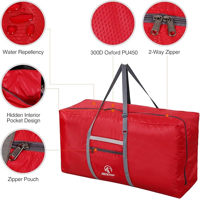 REDCAMP Foldable Extra Large Duffle Bag 100L/31 Inch, Lightweight Travel Duffel Bag with Adjustable Strap for Men Women,Red