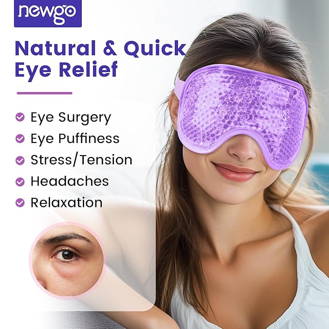 NEWGO Cooling Gel Eye Mask - Reusable Cold Pack for Puffy Eyes, Dark Circles, Migraine, Stress Relief - Purple With Soft Plush Backing