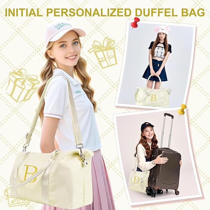 Personalized Initial Gym Dance Bag, Travel Duffel Bag for Teen Girls, Carry On Bag Overnight Weekender Bag with Trolley Sleeve, Birthday Gifts for Women Mom Daughter Graduation Gift(Letter B, Beige)