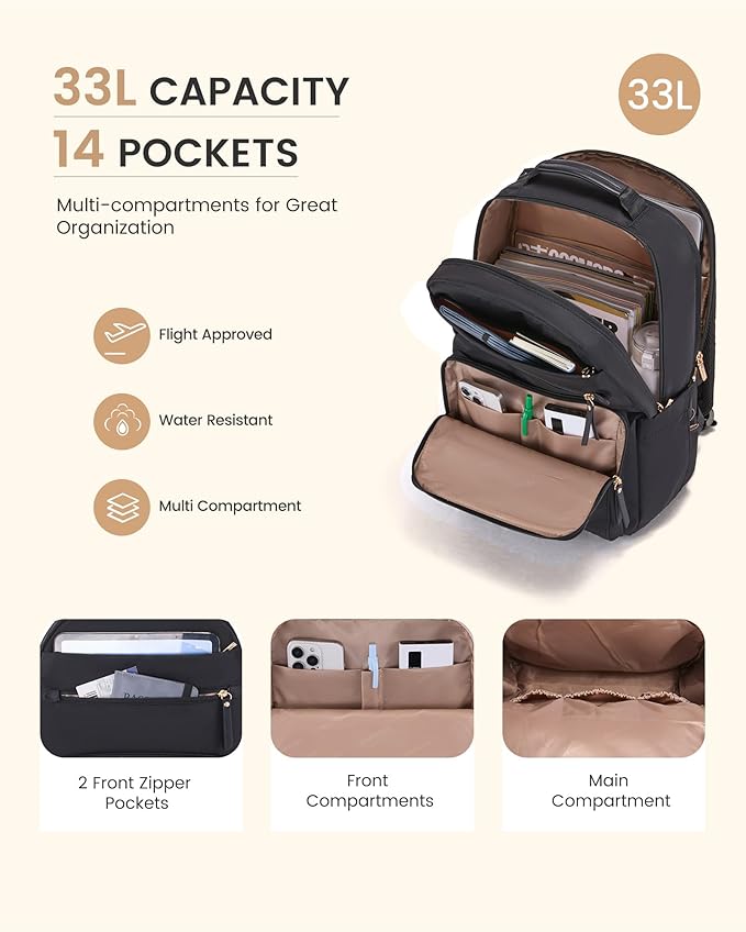 LOVEVOOK Laptop Backpack for Women, 17.3" Work Business Computer Backpack,Casual Daypack Purse, Travel Personal Item Bag for Gift, Cream Chestnut Brown