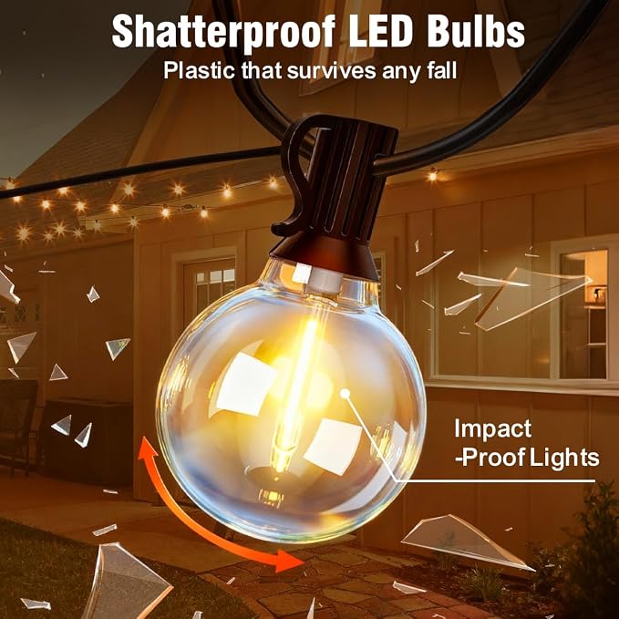 Nisocy Solar String Lights Outdoor Waterproof with Remote & Timer, LED Shatterproof G40 Bulbs, Solar Powered Patio Lights for Christmas, Winter Decor, Backyard, Porch, Garden, Wedding (50FT)