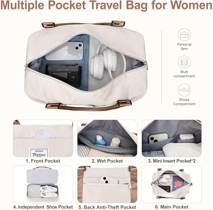 Large Weekender Bags for Women, Travel Duffel Bag with Shoe Compartment,Personal Item Travel Carry on Overnight Bag for Women Travel Set,Beige & Brown