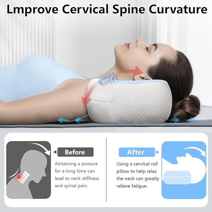 Cervical Neck Roll Pillow, Say Goodbye to Neck Pain, Travel Neck Support Pillow for Side Sleepers, Ergonomic Memory Foam Camping Pillow, Cervical Traction Device with Storage Bag