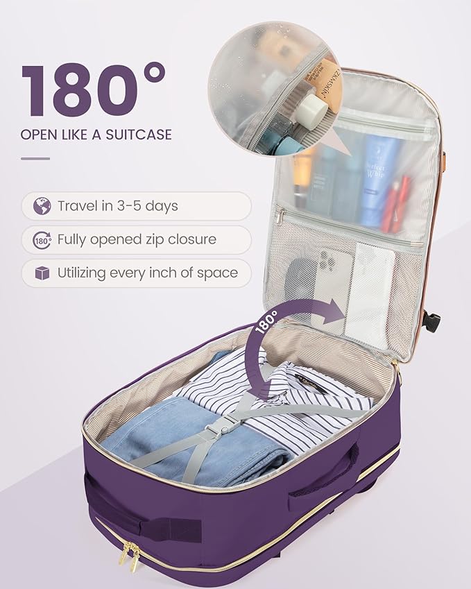 LOVEVOOK Travel Backpack for Women & Men 50L,Airline Approved Carry On Backpack Travel Essentials,TSA Carry on Luggage,Waterproof Personal Item Travel Bag,Suitcase with 3 Packing Cubes,Dark purple