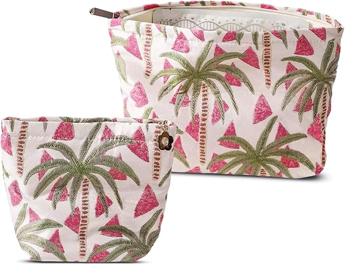 HAPPYHEIDI Makeup Bag Set 2, Cute Cosmetic Pouch, Coconut Trees Pattern, Cotton Blend, Floral, Zipper, 2 Count